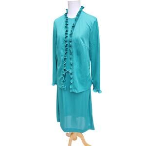 Vintage Blair Green Dress and Jacket with Belt Ruffle Detail Size 16 Fits a M